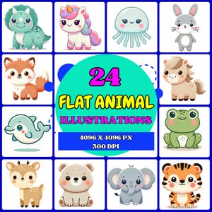 Cute Flat Kawaii Animal Clipart – 24 PNG Dinos, Unicorn, Lion, Jellyfish & More – Cartoon Art for Stickers and Prints – Digital Download