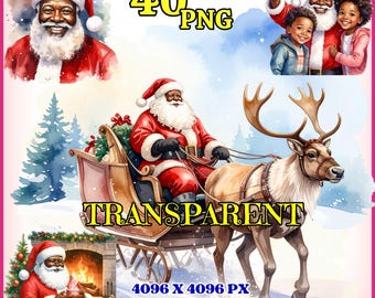 Black Santa Claus PNG Bundle – 40 African American Santa Clipart Images | Christmas PNGs for Sublimation, Cards – Transparent Background