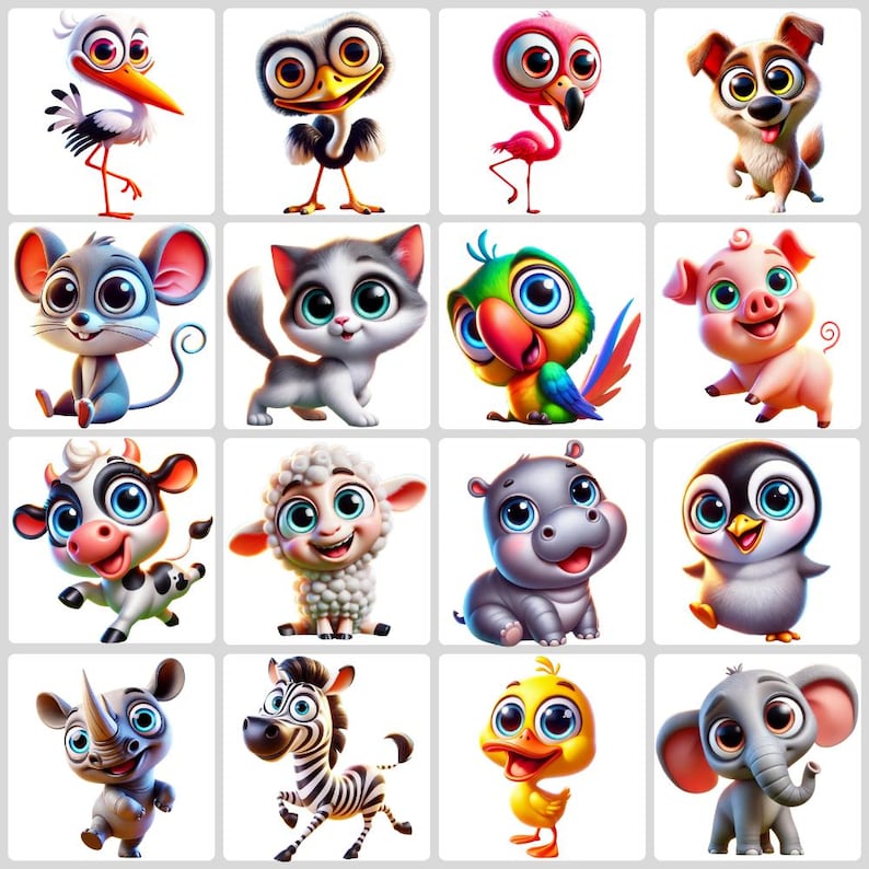 Funny Animals 40 PNG Clipart Bundle, Cartoon Animals for Digital Prints, Invitation, and T-Shirt Design, Instant Digital Download