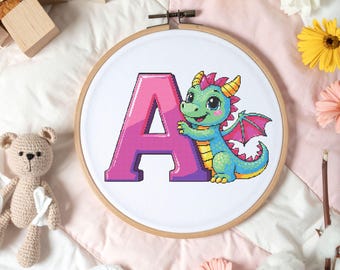 Patrón de punto de cruz con la letra A de dragón en PDF – Decoración de pared para habitación infantil – Tabla de colores – Descarga instantánea – Clave de colores DMC – Tela Aida de 14 hilos