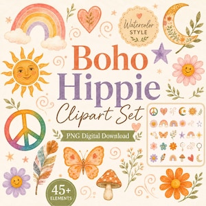 May include: A digital clipart set featuring watercolor illustrations of a rainbow, sun, heart, moon, star, flowers, peace sign, butterfly, feather, and mushroom. The text reads Boho Hippie Clipart Set, Watercolor Style, PNG Digital Download, and 45+ Elements.