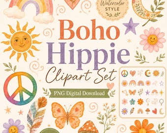 Conjunto de imágenes prediseñadas Boho Hippie PNG, elementos retro de acuarela de los años 70, sol, luna, arcoíris, paz, poder floral, descarga digital, impresión bajo demanda.