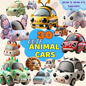Cute Animal Cars Clipart – 30 Cartoon Kawaii Cars Bundle for Kids Projects, Stickers & Invitations – Instant Download