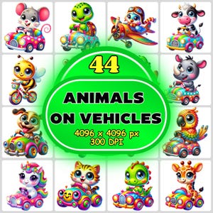 Cute Animals On Vehicles 44 PNG Clipart Bundle, Cartoon Animals, Kids Vehicles, Cartoon Cars, Cute Animals, digital download, Kids Transport