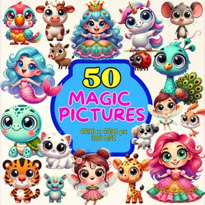 Cute Animals & Magic Creatures PNG Clipart Set – Unicorns, Fairies, Mermaids – Digital Download, Printable and  Scrapbooking Digital Art