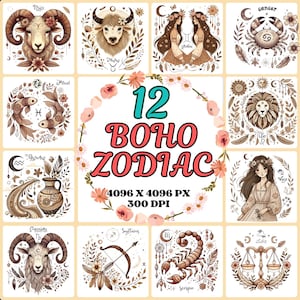 Boho Zodiac Clipart – 12 PNG Mystic Astrology Signs in Vintage Floral Style – Elegant Horoscope Art for Stickers, Prints – Digital Download