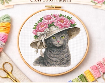 Cat Cross Stitch Pattern PDF SVG, Floral Cat in Hat, Vintage Cat Portrait, Peony Flower Cross Stitch, Cute Animal Embroidery Chart