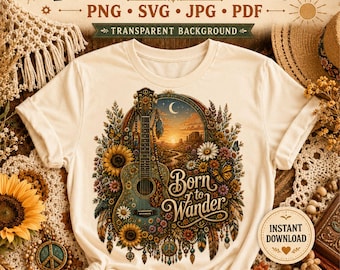Grafika wektorowa gitary hipisowskiej w stylu boho w formacie PNG SVG, sublimacja słonecznika w stylu western, nadruk na koszulce z nadrukiem festiwalu muzycznego w stylu retro, wykorzystanie komercyjne POD