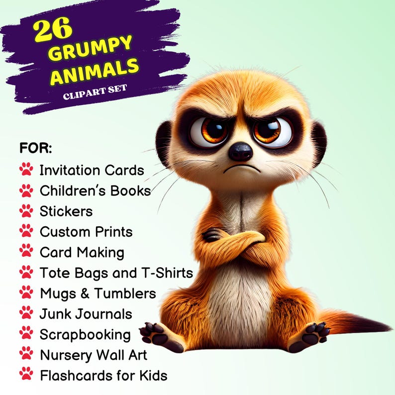 Grumpy Cute Animals Clipart – 26 Funny Angry Animal PNGs – 3D Cartoon Graphics for Sublimation, Stickers, Printables, T-Shirts, Crafts