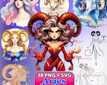 Aries Zodiac Bundle – 38 PNG & SVG Files - Aries Girl, Ram Clipart, Astrology Sign Art - Mystical Anime, Cute Styles for Sublimation and POD
