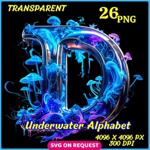 Könnte beinhalten: Digitale Illustration des Buchstabens "D" aus dem "Underwater Alphabet". Der silberfarbene Buchstabe ist mit blauen und violetten, leuchtenden Quallen und Pilzen gefüllt. Der Text "TRANSPARENT", "26 PNG", "Underwater Alphabet", "4096 X 4096 PX", "300 DPI" und "SVG ON REQUEST" ist enthalten.