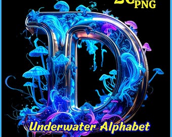 Neon Jellyfish Alphabet PNG Bundle - 26 PNG Letters A-Z Sublimation - Glowing Ocean Monogram - Digital Download - Commercial Use