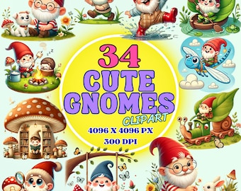 Cute Gnomes Clipart – 30 PNG Forest Gnomes in Cartoon Style – Whimsical Characters for Kids Crafts, Stickers & Prints – Instant Download