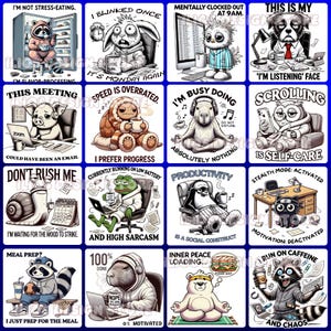 Funny Animal Quote Clipart Bundle – 30 PNG Sarcastic & Relatable Animals with Text – Meme-Style Art for Stickers, Shirts and Prints