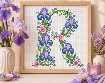 Floral Iris Letter R Cross Stitch Pattern PDF SVG, Botanical Monogram R Embroidery Chart, Purple Flower Alphabet, Instant Download