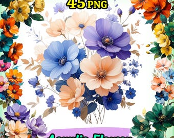 Conjunto de imágenes prediseñadas florales acrílicas: 45 flores PNG - Botánicos modernos y brillantes - Manualidades, gráficos de Canva, sublimación, álbumes de recortes, invitaciones