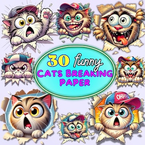 Funny Crazy Angry Scared Cats PNG – 30 Cartoon Cats Breaking Through Paper – Cute Meme Style Clipart for Stickers & Sublimation