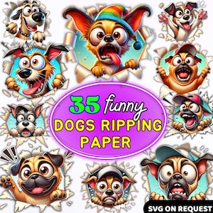 Funny Dogs Ripping Paper Clipart – 35 Cute Cartoon Dog PNGs Peeking Through Torn Paper – Digital Download for Stickers & T-Shirts