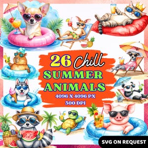 Könnte beinhalten: Lebendige digitale Illustration mit 26 Cartoon-Tieren im Sommer. Tiere umfassen einen Hund in einem Pool-Float, eine Katze auf einem Kissen und einen Waschbären mit Wassermelone. Der Text "26 Chill Summer Animals" ist enthalten.