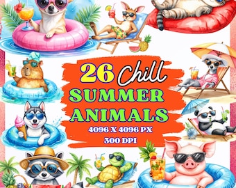 Animales veraniegos relajados: 26 animales adorables en la playa y la piscina – Imágenes prediseñadas PNG en acuarela con gafas de sol, flotadores y bebidas – Descarga instantánea
