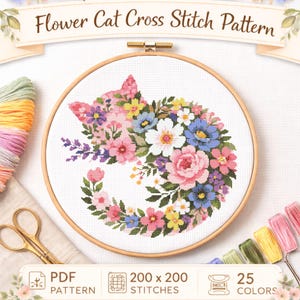 Floral Cat Cross Stitch Pattern PDF – Botanical Cat Design – Cute Flower Kitty – Instant Download – Cat Lover Decor
