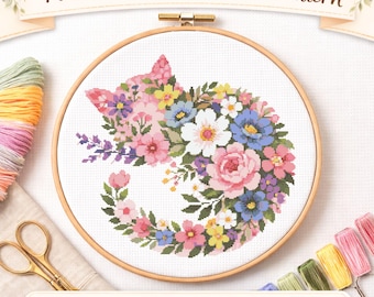 Floral Cat Cross Stitch Pattern PDF – Botanical Cat Design – Cute Flower Kitty – Instant Download – Cat Lover Decor