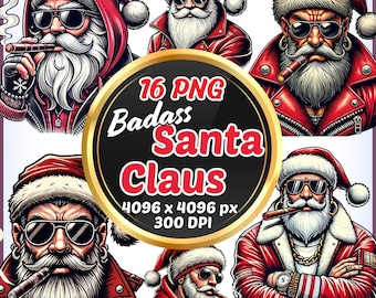Badass Santa PNG Bundle – 16 Biker, Tattoo & Gangster Christmas Designs – High-Detail Xmas Clipart for Tumblers, Stickers, Sublimation