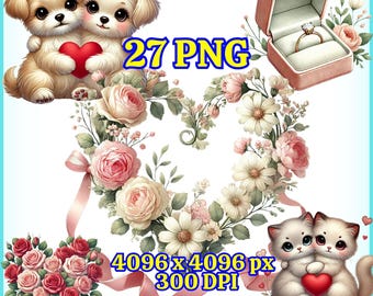 Imágenes prediseñadas PNG de pareja amorosa: 27 gráficos románticos de San Valentín con corazones, anillos y flores (fondo transparente) - Descarga digital