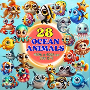 Könnte beinhalten: Eine bunte Illustration von 28 Meerestieren, darunter ein Krebs, ein Tintenfisch, ein Seepferdchen, ein Hai und Fische. Das Bild ist vor einem gelben Hintergrund mit dem Text "28 Ocean Animals 4096 x 4096 px 300 DPI" platziert.