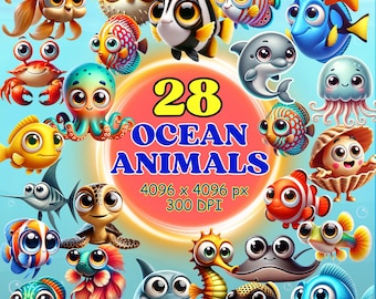 海洋動物の3Dスタイルクリップアートセット - 魚、サメ、カメ、海洋生物PNG - クラフト、Tシャツ、スクラップブッキング用のデジタルダウンロード