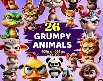 Clipart ze słodkimi, zrzędliwymi zwierzętami – 26 humorzastych, wściekłych, nadąsanych, bezczelnych i marudnych twarzy zwierząt z kreskówek – zabawne cyfrowe obrazy PNG dla dzieci i wzory