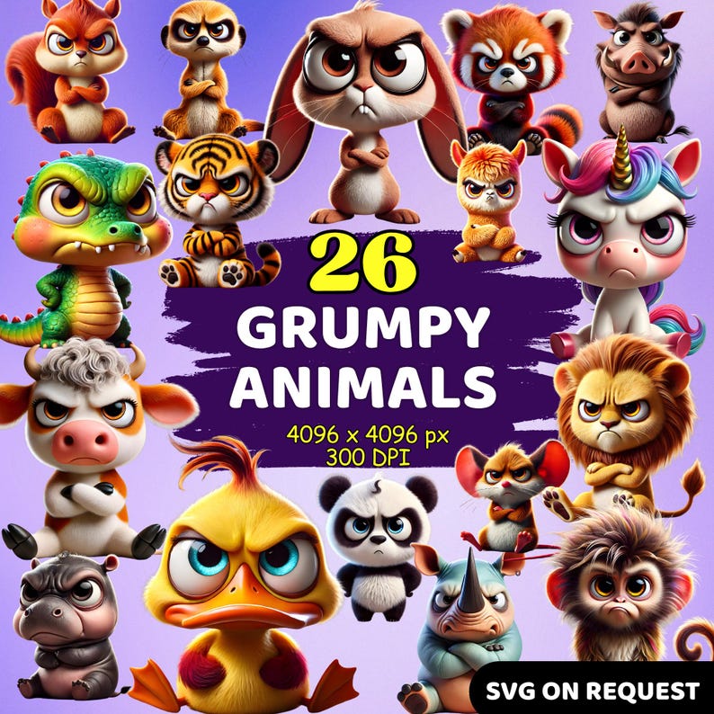 Grumpy Cute Animals Clipart – 26 Funny Angry Animal PNGs – 3D Cartoon Graphics for Sublimation, Stickers, Printables, T-Shirts, Crafts