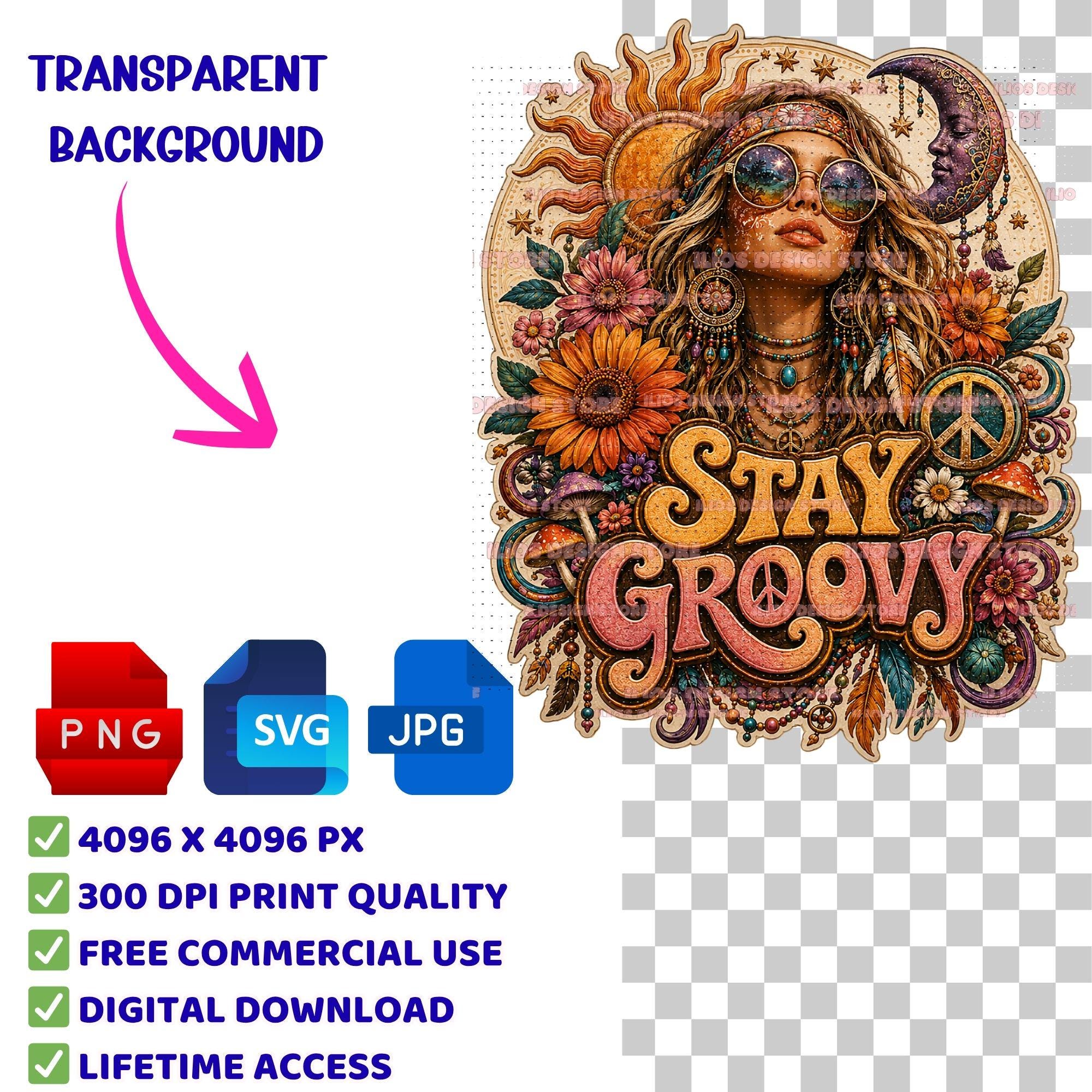 Groovy Hippie SVG PNG, Boho Woman Shirt Design, Sun Moon Peace Graphic ...