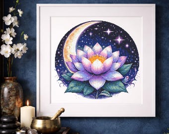 Patrón de punto de cruz de flor de loto en PDF, Luna y estrellas, cielo nocturno galáctico, diseño floral de fantasía, patrón imprimible, descarga instantánea