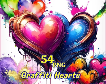 Paquete PNG de corazones: 54 diseños coloridos y abstractos - Imágenes prediseñadas de corazones estilo grafiti de San Valentín y amor