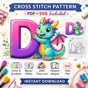 Könnte beinhalten: Ein digitales Kreuzstichmuster mit einem Cartoon-Drachen und dem Buchstaben "D". Der Drache ist blau, gelb und rosa. Das Design beinhaltet Farb- und Symboltabellen, eine DMC-Garnliste und eine SVG-Datei. Der Text lautet "Cross Stitch Pattern" und "Instant Download".