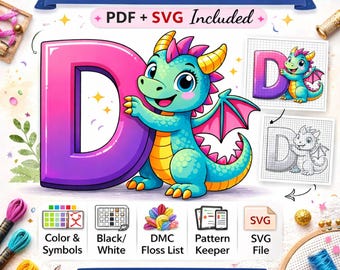 Cute Dragon Letter D Cross Stitch Pattern – Alphabet Initial Monogram – Kids Room Nursery Decor – PDF + SVG – Instant Download