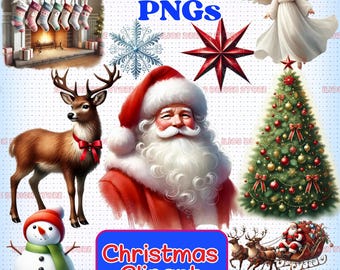 Christmas Clipart Bundle – 53 PNG Santa Claus, Reindeer, Christmas Trees, Stars, Wreaths, Holiday Decorations for Sublimation and Crafts