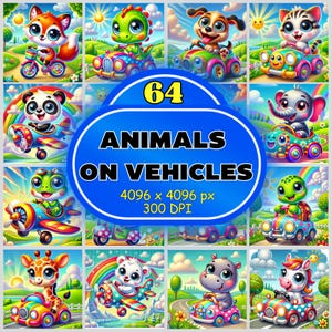 Cute Animals On Vehicles 64 PNG Clipart Bundle, Cartoon Cars, Kids Vehicles, Cartoon Cars, Cute Animals, Kids Airplanes, Digital Download