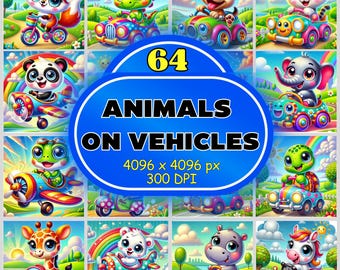 Cute Animals On Vehicles 64 PNG Clipart Bundle, Cartoon Cars, Kids Vehicles, Cartoon Cars, Cute Animals, Kids Airplanes, Digital Download