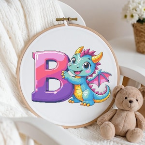 Dragon Letter B Cross Stitch Pattern PDF – Kids Nursery Wall Art – Color Chart – Instant Download – DMC Color Key – 14 Count Aida