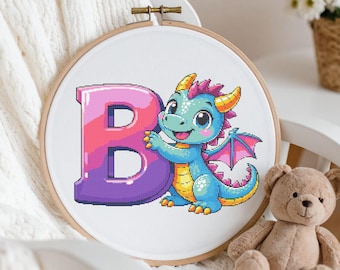 Dragon Letter B Cross Stitch Pattern PDF – Kids Nursery Wall Art – Color Chart – Instant Download – DMC Color Key – 14 Count Aida