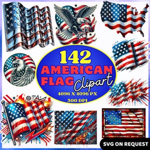 Könnte beinhalten: Eine Sammlung von 142 American-Flaggen-Clipart-Bildern mit verschiedenen Designs der US-Flagge, Adlern und patriotischen Elementen. Die Bilder sind in Rot, Weiß und Blau gehalten, mit einer Auflösung von 4096 x 4096 Pixeln bei 300 DPI. SVG-Dateien sind auf Anfrage erhältlich.