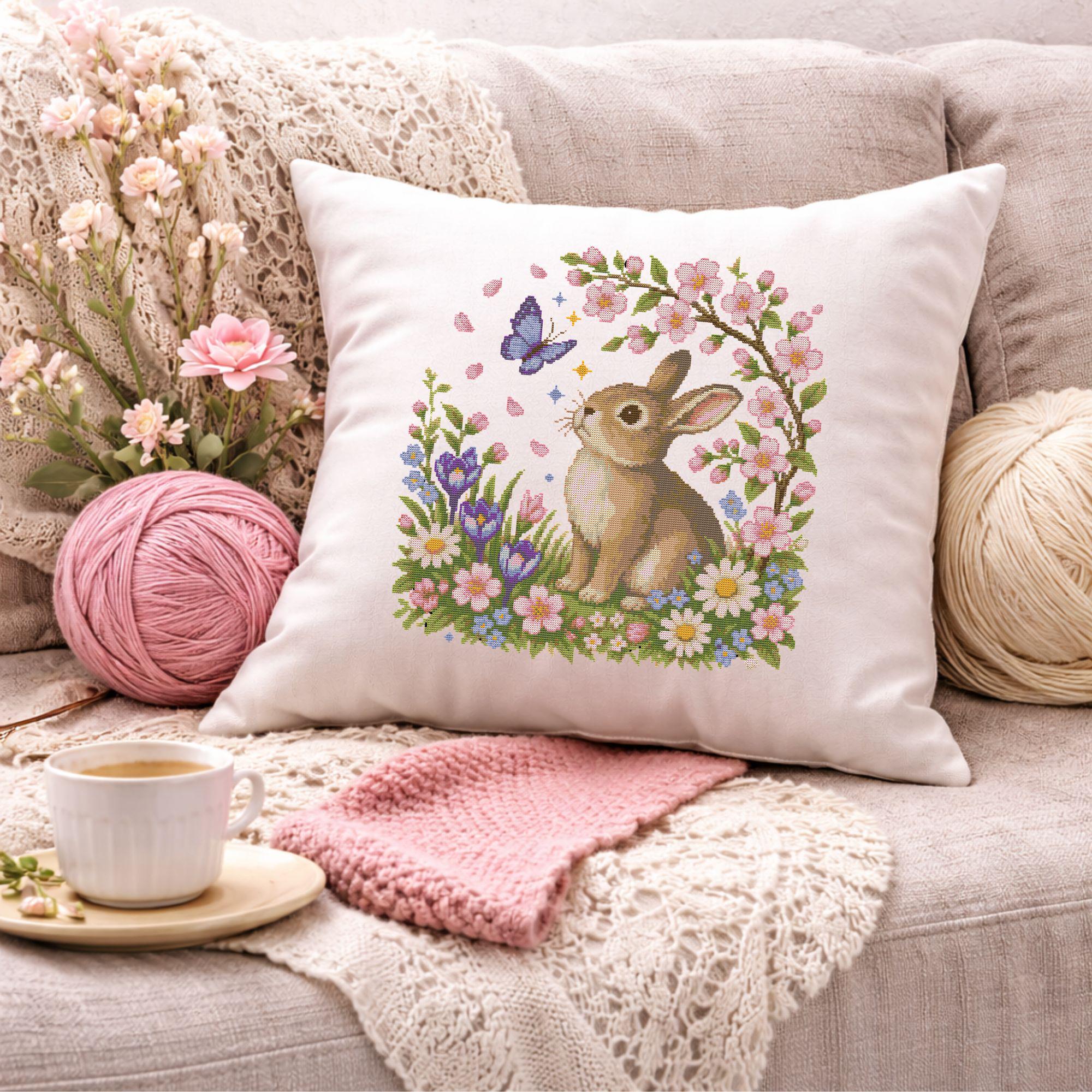 Spring Bunny Cross Stitch Pattern PDF and SVG, Floral Rabbit Embroidery ...