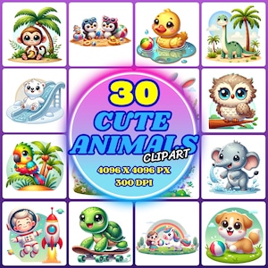 Cute Animals Clipart for Kids – 30 PNG Kawaii Jungle, Ocean & Woodland – Cartoon Art for Stickers, T-Shirts and Prints – Digital Download