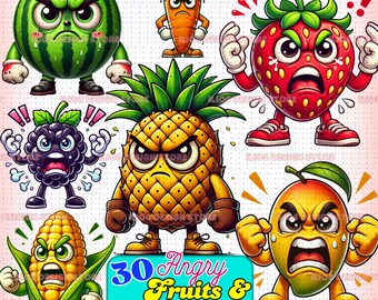 Paquete de imágenes prediseñadas de frutas y verduras enfadadas: 30 PNG divertidos, caras de comida enfadadas, personajes de frutas de dibujos animados, descarga digital, diseños de sublimación