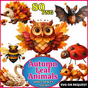 Könnte beinhalten: Eine digitale Illustration mit herbstlichen Tieren aus Blättern. Das Bild zeigt einen Igel, eine Fledermaus, eine Eule, eine Biene, einen Marienkäfer, einen Schwan und eine Eidechse. Der Text "Autumn Leaf Animals" steht auf blauem Grund, mit "80 PNG" oben.