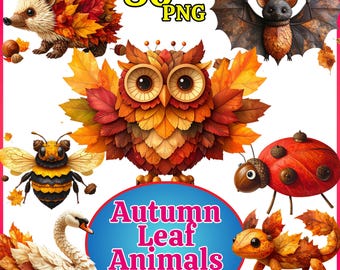 Autumn Leaf Animals Clipart – 80 PNG Fall Animals, Cute Forest Creatures, Botanical Leaf Art, Fall Harvest & Thanksgiving Digital Download