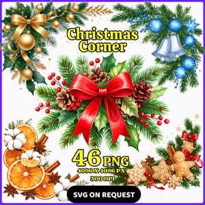 Könnte beinhalten: Eine digitale Illustration mit weihnachtlichen Eckdesigns. Das Bild enthält festliche Elemente wie eine rote Schleife, Tannenzapfen, Christbaumkugeln, Glocken, Lebkuchen und den Text "Christmas Corner" und "46 PNG".