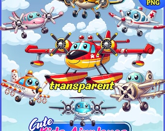 Paquete de imágenes PNG de aviones adorables, 15 imágenes prediseñadas de aviones para niños, imágenes PNG de aviones de dibujos animados, imágenes prediseñadas de transporte, decoración para la habitación del bebé niño, diseño de sublimación